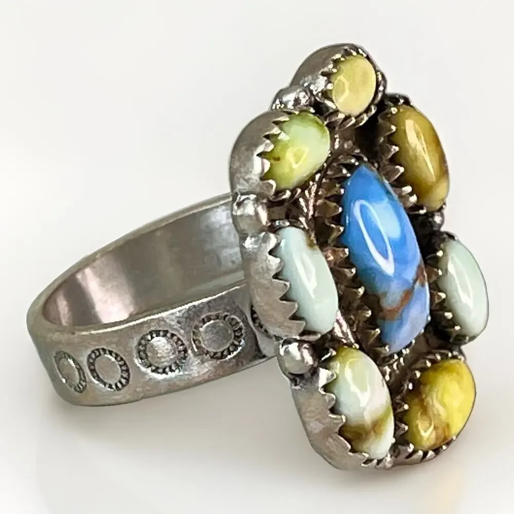 Southwestern Sterling Silver Mixed Turquoise Cluster Statement Ring Adjust Size